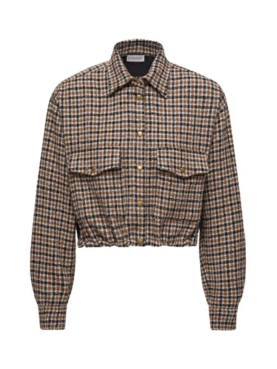 Moncler Houndstooth Wool Blend Blouson Jacket In Brown