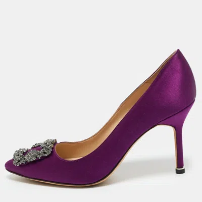 Pre-owned Manolo Blahnik Purple Satin Hangisi Crystal Embellished Pumps Size 37