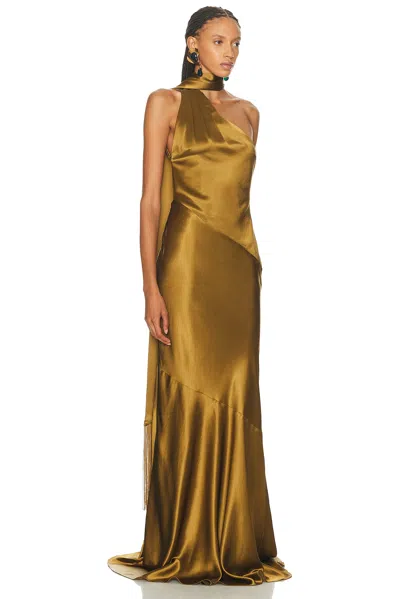 Retroféte Kelsa High-neck Satin Scarf Gown In Brown