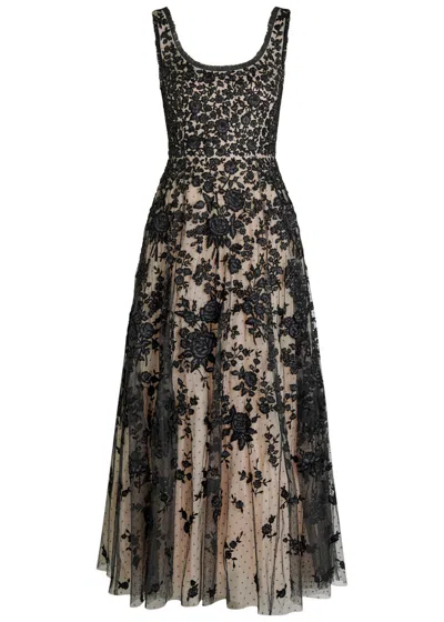 Needle & Thread Embroidered-flowers Scoop-neck Maxi Dress In Black
