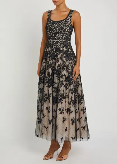 Needle & Thread Embroidered-flowers Scoop-neck Maxi Dress In Black