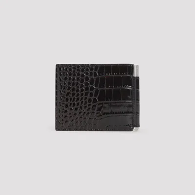 Tom Ford Crocodile Embossed Bi-fold Wallet Clip In Brown