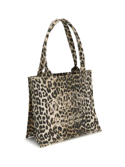 Ganni Women Large Leopard Print Logo Tote Bag