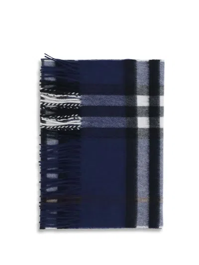 Burberry Cashmere Scarf Featuring Check Pattern And Fringe In Blue