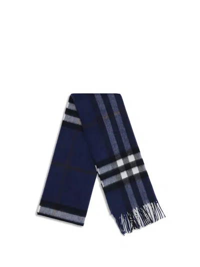 Burberry Cashmere Scarf Featuring Check Pattern And Fringe In Blue