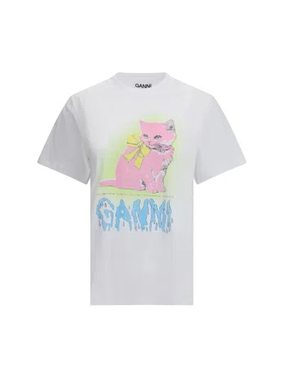Ganni Neon Kitty Bright White T-shirt In White