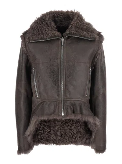 Rick Owens Brown Jacket With Reversible Design And Asymmetric Hem In Leather Woman In Gray