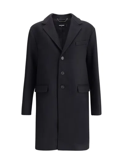 Dsquared2 Single-breasted Midi Coat With Monogram Lining In Black