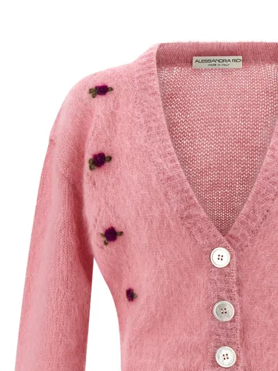 Alessandra Rich Mohair Embroidered Cropped Cardigan In Pink