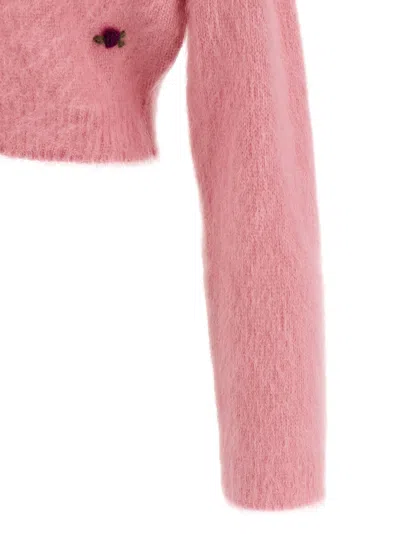 Alessandra Rich Mohair Embroidered Cropped Cardigan In Pink