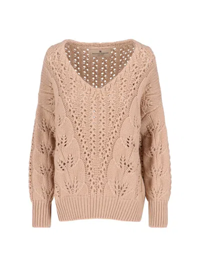 Ermanno Scervino Cashmere Sweater With Openwork Floral Design And V-neckline In Gold