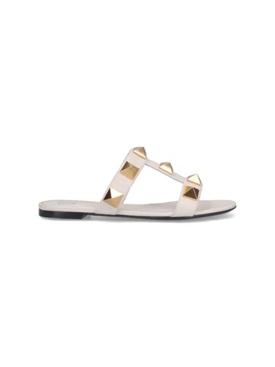 Valentino Garavani Roman Stud Flat Sandals With Signature Pyramid Studs In White