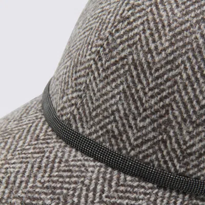 Brunello Cucinelli Bead-embellished Herringbone Wool-blend Tweed Cap In Brown