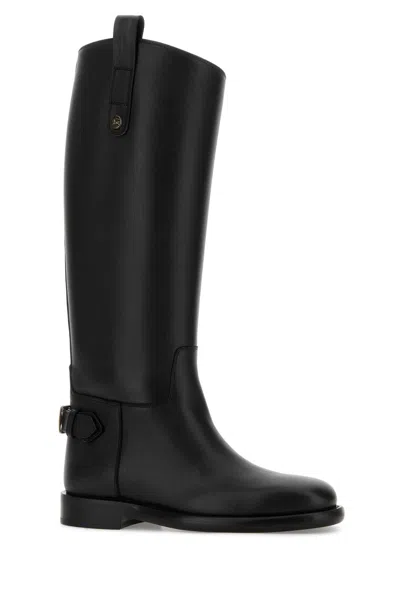 Burberry Women Black Boots With Side Logo Plaque In Leather Woman In Black