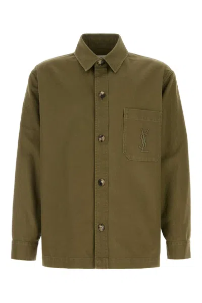 Saint Laurent Green Shirt With Classic Collar And Cassandre Embroidery On The Front In Cotton Man