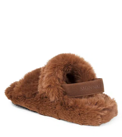 Monnalisa Faux-fur Sandals In Brown