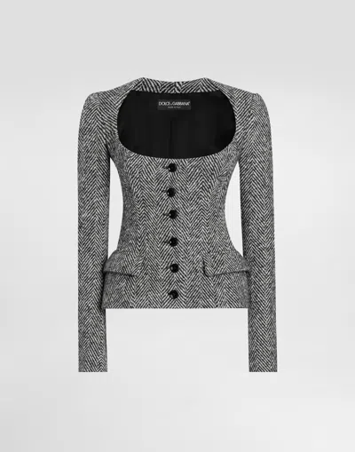 Dolce & Gabbana Single-breasted Jacket In Wool Chevron In Gray