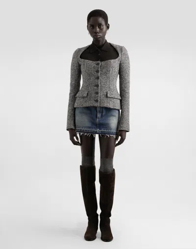 Dolce & Gabbana Single-breasted Jacket In Wool Chevron In Gray