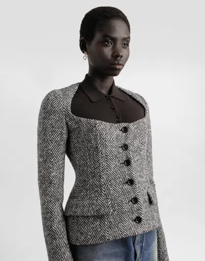 Dolce & Gabbana Single-breasted Jacket In Wool Chevron In Gray