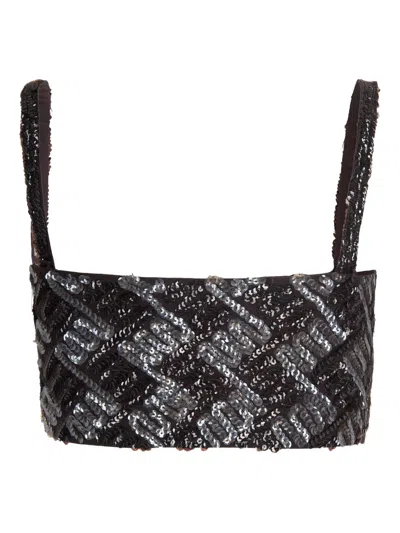 P.a.r.o.s.h Fitted Crop Top With All-over Sequin Geometric Pattern In Black