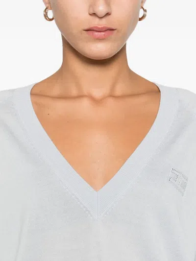 Elisabetta Franchi Wool Blend Tricot V-neck Sweater In Blue