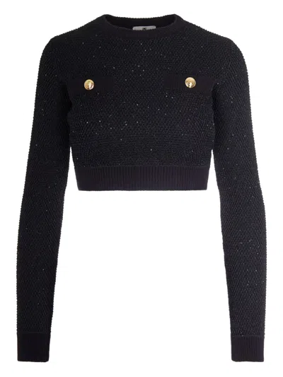 Elisabetta Franchi Textured Knit Cropped Sweater With Jewel-button Pockets In Black