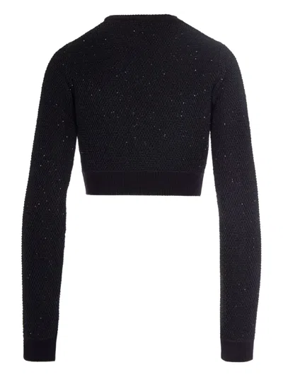Elisabetta Franchi Textured Knit Cropped Sweater With Jewel-button Pockets In Black