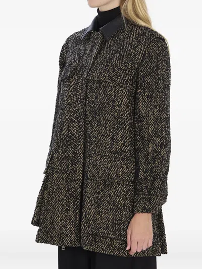 Max Mara Herringbone Pattern Wool Jacket With Leather Collar In Black
