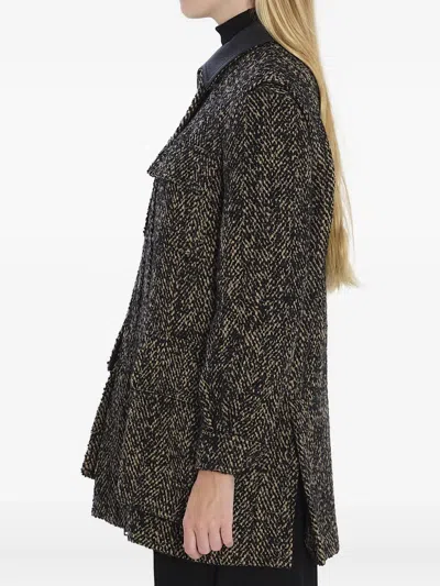 Max Mara Herringbone Pattern Wool Jacket With Leather Collar In Black