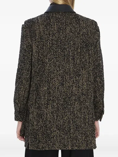 Max Mara Herringbone Pattern Wool Jacket With Leather Collar In Black