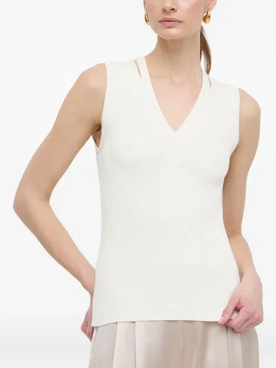 Hugo Boss Ribbed V-neck Sleeveless Top In White