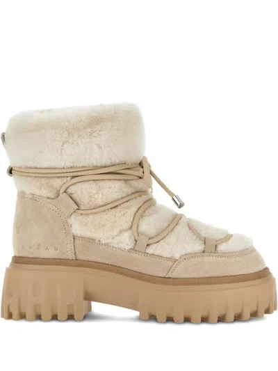 Hogan H700 Shearling-trimmed Suede Ankle Boots In Neutral