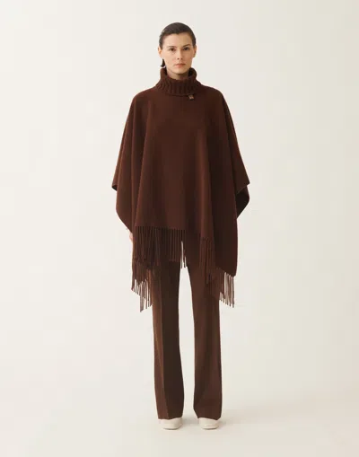 Fabiana Filippi Turtleneck Fringe Poncho In Brown