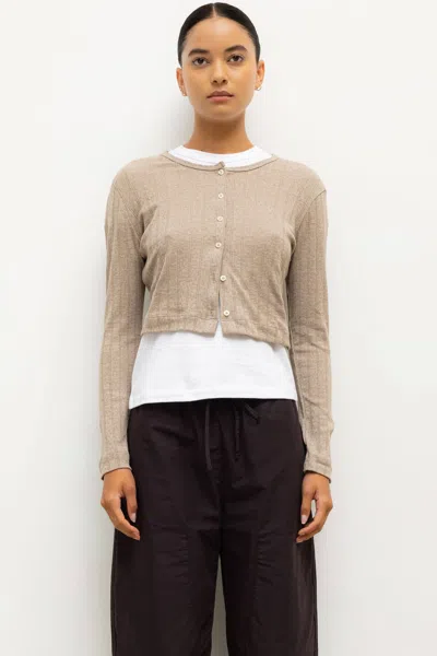 Leset Pointelle Crop Cardigan In Brown