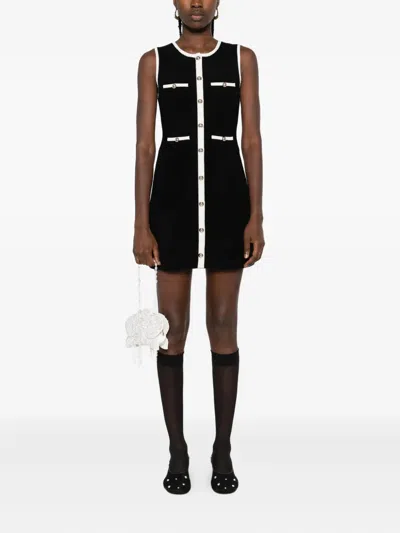 Sandro Womens Black Round-neck Button-down Stretch-velvet Mini Dress