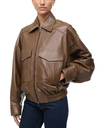 Staud Eugene Leather Bomber Jacket In Brown
