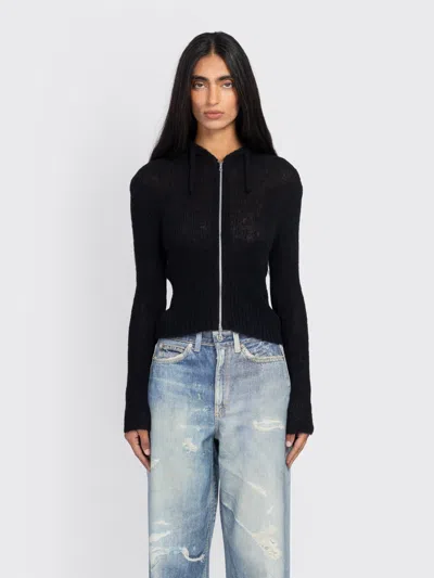 Our Legacy Hooded Zip-up Knit Sweater With Ribbed Details In Black