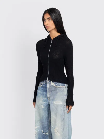 Our Legacy Hooded Zip-up Knit Sweater With Ribbed Details In Black