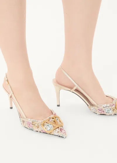 Valentino Vlogo Embellished Metallic Leather Slingback Pumps In Neutral