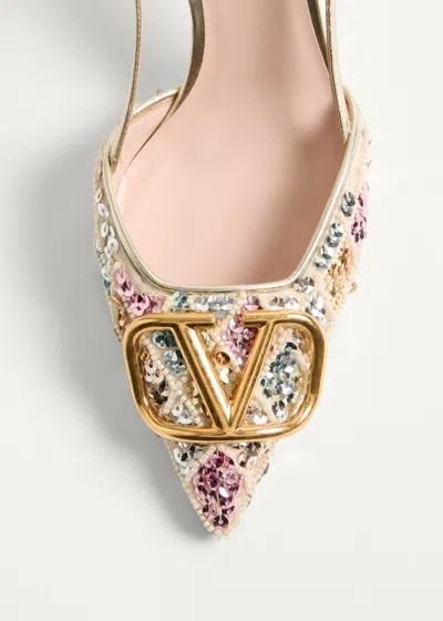 Valentino Vlogo Embellished Metallic Leather Slingback Pumps In Neutral
