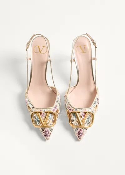 Valentino Vlogo Embellished Metallic Leather Slingback Pumps In Neutral