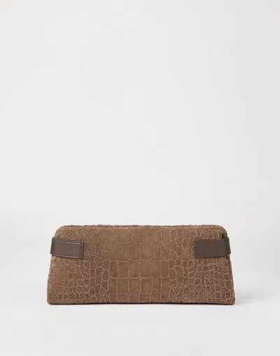 Brunello Cucinelli Essence Pouch Bag With Croc Embroidery In Brown