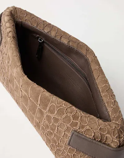 Brunello Cucinelli Essence Pouch Bag With Croc Embroidery In Brown