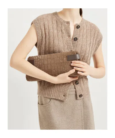 Brunello Cucinelli Essence Pouch Bag With Croc Embroidery In Brown