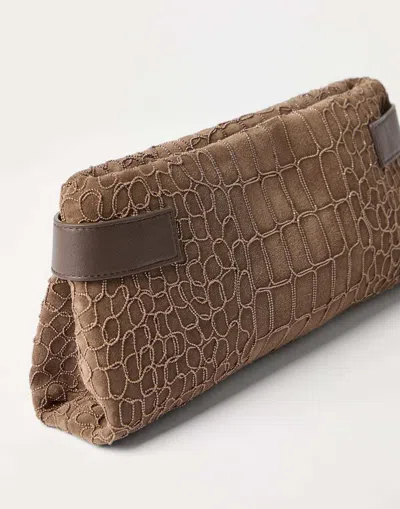 Brunello Cucinelli Essence Pouch Bag With Croc Embroidery In Brown