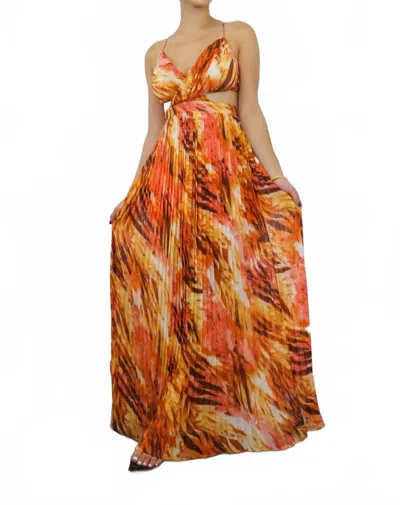 Surelymine Pleated Cut Out Chiffon Maxi Dress In Rust In Multi