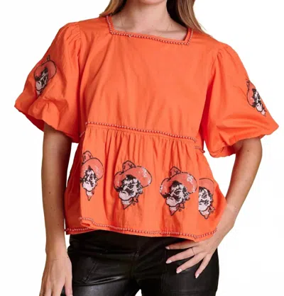 Stewart Simmons The Puff Sleeve Peplum Top Oklahoma State In Orange In Orange