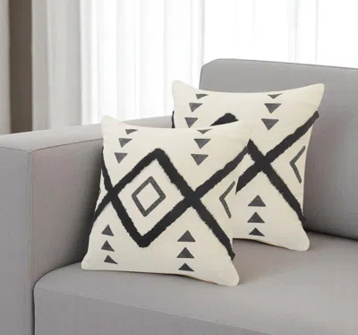 Hivvago Set Of Two 20" Natural And Black Geometric Cotton Throw Pillows With Texture In White