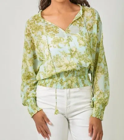 Mystree Smocked Bottom Peasant Chiffon Blouse In Green In Green
