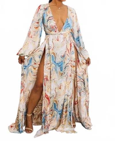 Surelymine Marble Swirl Kimono Maxi Dress With Slits Boho Resort Style In Multi In Multi